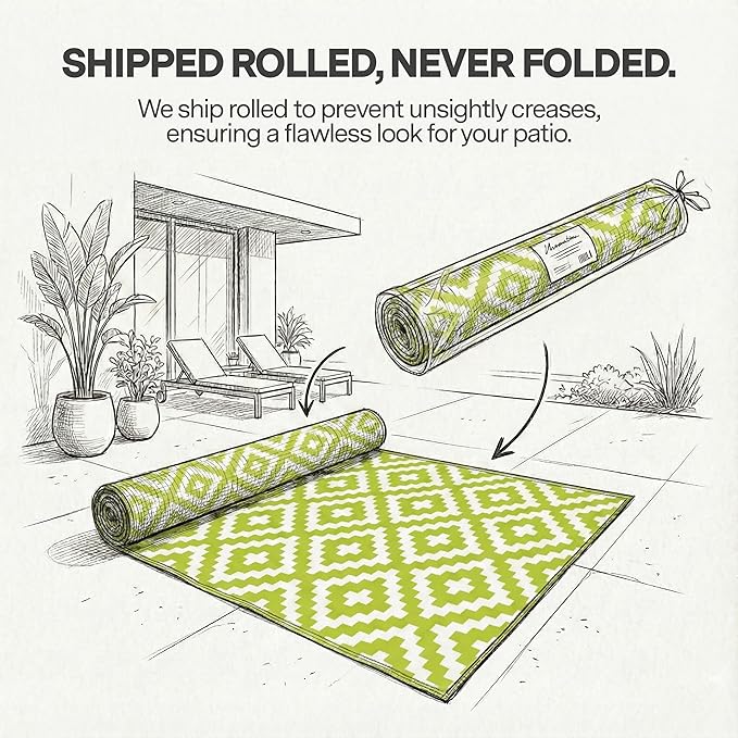 FH Home Outdoor Rug - Waterproof, Fade Resistant, Reversible - Premium Recycled Plastic - Geometric - Porch, Deck, Balcony, Mudroom, Laundry Room, Patio - Aztec - Green & White Crease Free - 3 x 5 ft