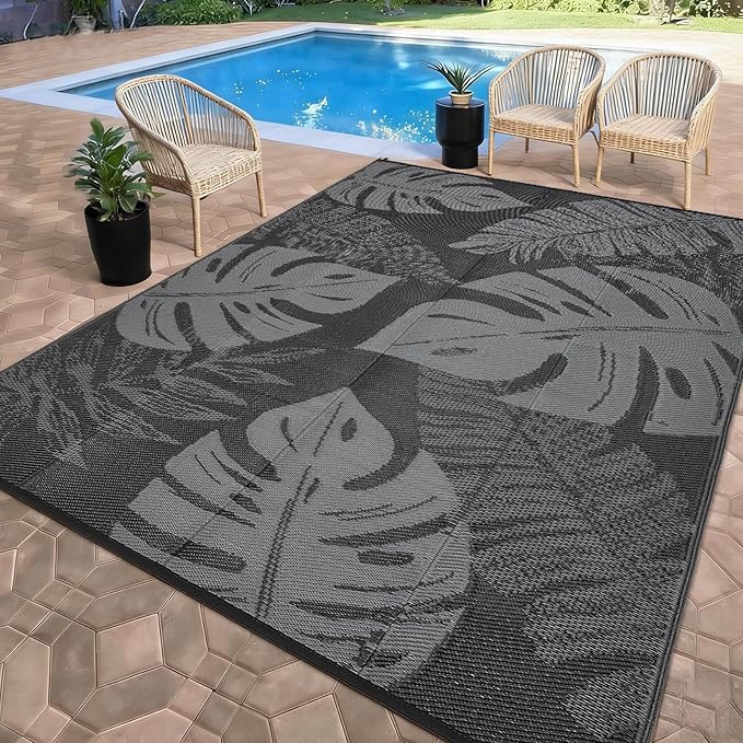 Outdoor Rug 8x10 Waterproof Patio Rugs Modern Leaf Print Reversible Mat for Front Door Rv Foldable Plastic Straw Carpet for Travel Trailers, Deck, Porch, Camper, Balcony, Beach，Black/Grey
