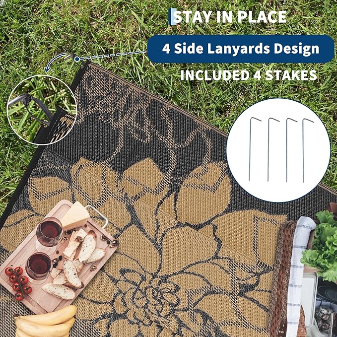 COZYLOOM Large Outdoor Rug 9x18 Waterproof Outdoor Plastic Straw Rug, Reversible Patio Rugs Floral Camping Mat with Portable Bag & Stakes, Foldable & UV Resistant Carpet for Yard Deck, Black&Brown