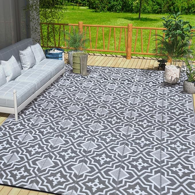 Outdoor Plastic Straw Rug 8x10 Waterproof Outdoor Patio Rug,Porch Balcony Rug,Reversible Rv Camping Floor Mat Outside Mat Camping Gifts(Grey&White, 8'x10')