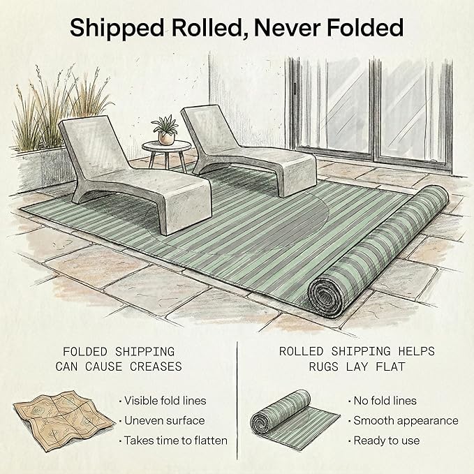 Fab Habitat Striped Outdoor Rug - Waterproof, Fade Resistant, Crease-Free, Reversible - Premium Recycled Plastic - Patio Porch Balcony Deck - Kyoto - Green - 8 x 10 ft