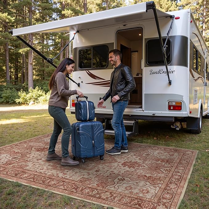 GENIMO Outdoor & Indoor Area Rug 6'x9', Waterproof, Non-Shedding, Easy Cleaning, Boho Mat for Patio, Living Room, Balcony, Dining Room, RV, Deck, Bedroom, Camping, Outside Carpet,Brown Red