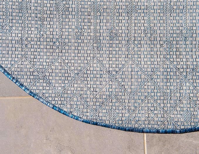Unique Loom Outdoor Trellis Collection Area Rug - Tribal Trellis (3' 1" Round, Blue/ Ivory)