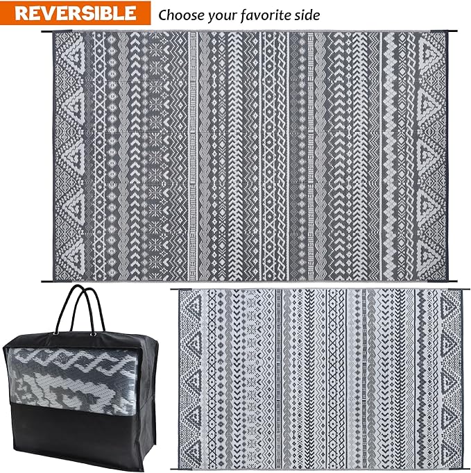 SAND MINE Reversible Mat, Indoor Outdoor Rug Carpet, Reversible Patio Rug, RV Camping Rug, Plastic Straw Rug, Large Floor Mat for RV, Patio, Backyard, Picnic, Camping, Grey & White, 6' x 9'