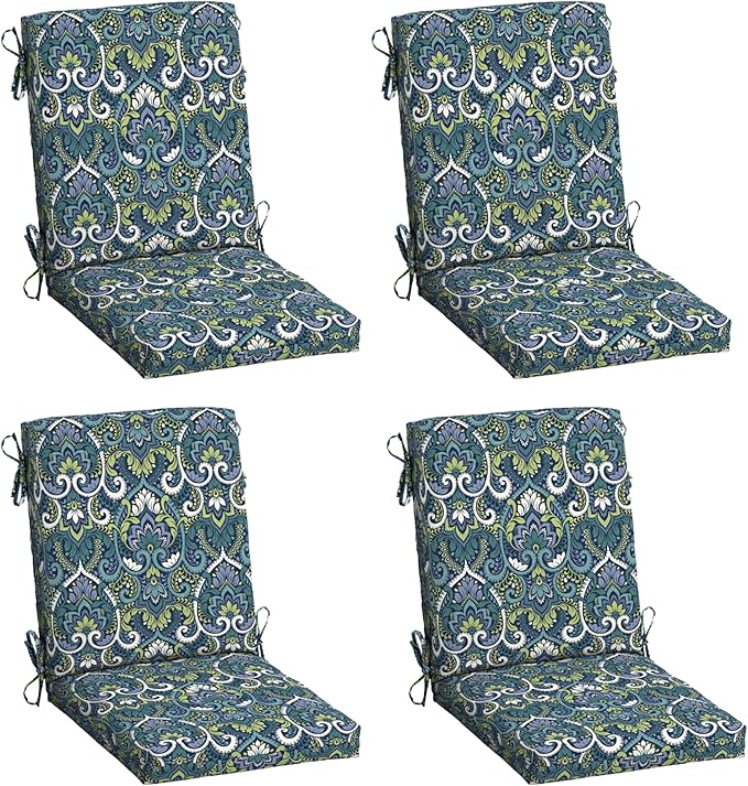 Arden 4-Pack Outdoor Patio Dining Chair Cushion, 20x44, Rain-Proof Seat Pad, Fade-Resistant Outdoor Cushion Sapphire Aurora Blue Damask
