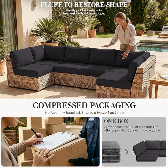 Outdoor Replacement Cushions for Patio Furniture, 5" Foam High-Density, 14-Piece Water-Resistant Outdoor Cushion for 6-Seat Sectional Patio Conversation Sets, Liner&Cover
