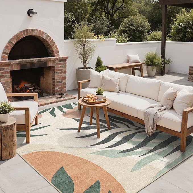 GENIMO Outdoor & Indoor Area Rug 9'x12', Waterproof, Non-Shedding, Easy Cleaning, Leaf Mat for Patio, Living Room, Balcony, Dining Room, RV, Deck, Bedroom, Camping, Outside Carpet, Beige Grey