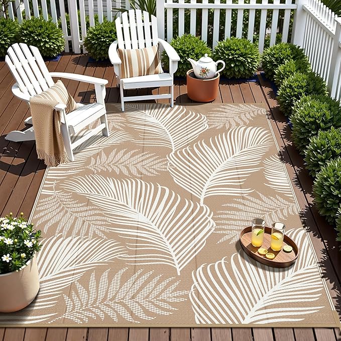 Pauwer Waterproof Outdoor Rug 6x9, Reversible Plastic Straw Patio Camping Rug, Indoor Outdoor RV Mat Carpet for Deck, Camper, Porch, Balcony, Backyard, Picnic, Leaf Brown