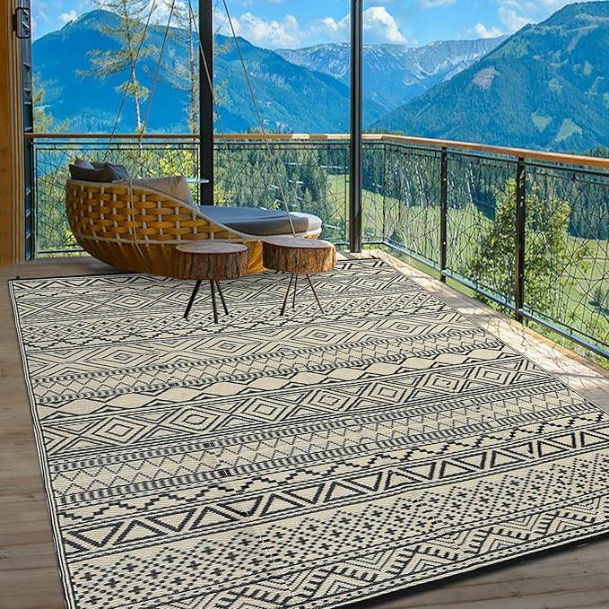GarveeLife Outdoor Rugs 6x9 Waterproof Plastic Straw Rug, UV Resistant Rug Foldable Carpet Portable Lightweight Outdoor Mat for Backyard, Balcony, Garden, Camping, Black & Coffee