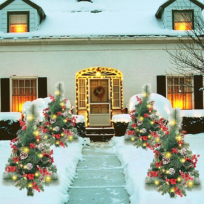 FORUP Set of 2 30 Inch Pre-Lit Pathway Christmas Trees Urn Filler, Outdoor Christmas Tree Decorations for Porch, Driveway, Yard, Garden, with 60 LED Lights, Red Berries, Pine Cones, Red Ball Ornaments