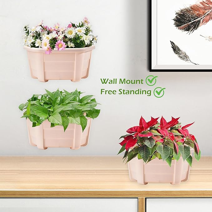 ORIMERC 9.8 inch Wood Imitated Wall Planter Pots for Indoor Plants, Wall Hanging Planters Living Wall Planter Indoor Outdoor Vertical Wall Mounted Planter for Your Green Plants, Beige (3 Pack)