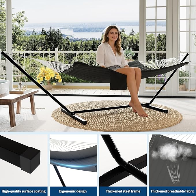 GarveeLife 2 Person Double Hammock with Stand and Pillow - 450 Lbs Capacity Heavy Duty Hammock with Balance Rope, Large Outdoor Hammock for Patio Backyard Poolside