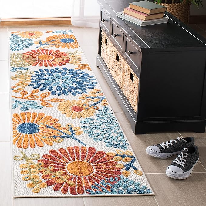 SAFAVIEH Washable Rug Outdoor Cabana Collection - 6'7" Square, Grey & Blue, Non-Shedding & Easy to Clean, Ideal for Patio, Backyard, Mudroom (CBN832F)
