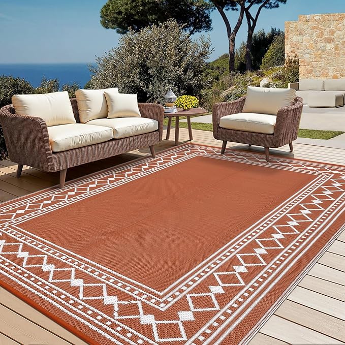 Garvee Outdoor Rug 9x18 ft, Patio Plastic Straw Rug Waterproof Reversible Patio Mat, Large Plastic Straw Rug for RV, Camping, Deck, Balcony, Easy Clean & Portable,Terracotta/White