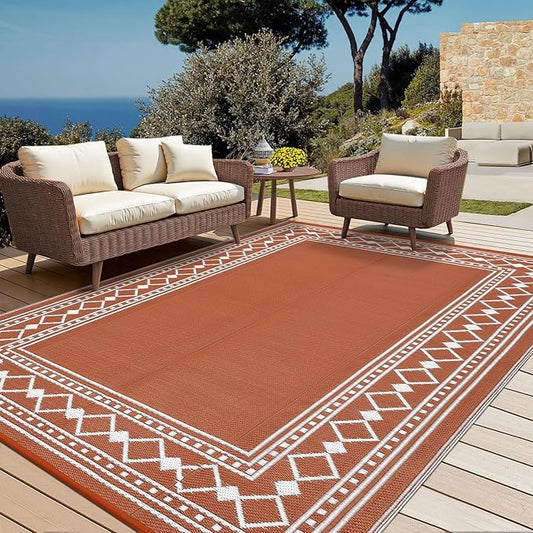 Garvee Outdoor Rug 9x12 ft, Waterproof Reversible Patio Mat, Plastic Straw Rug for RV, Camping, Deck, Balcony, Easy Clean & Portable,Terracotta/White