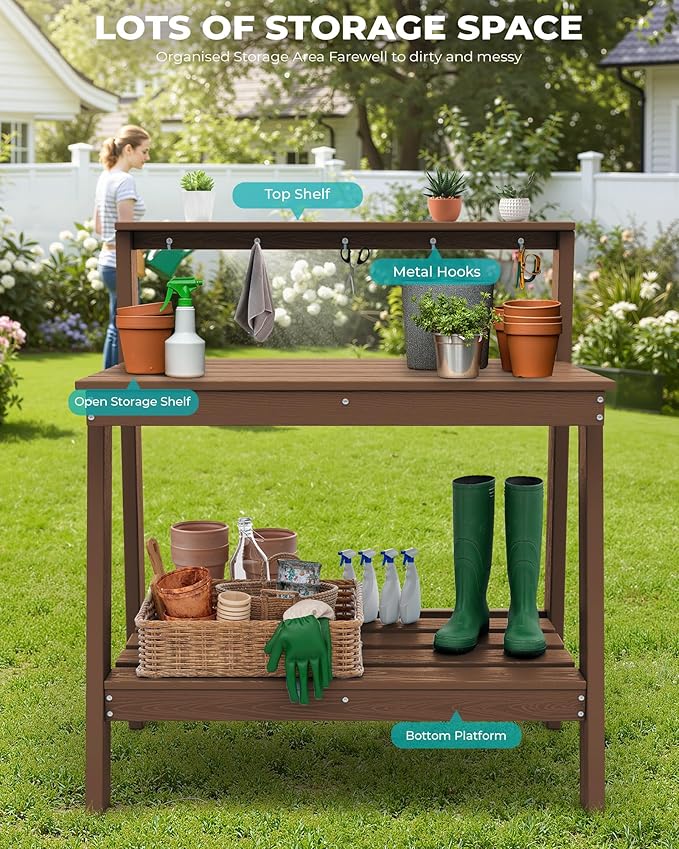 SERWALL Potting Bench Outdoor with Storage Set of 2, 3-Tier HDPE Gardening Table with Angled Legs & Tool Hooks, All-Weather Heavy Duty Potting Table for Patio, Backyard, Garden, Brown