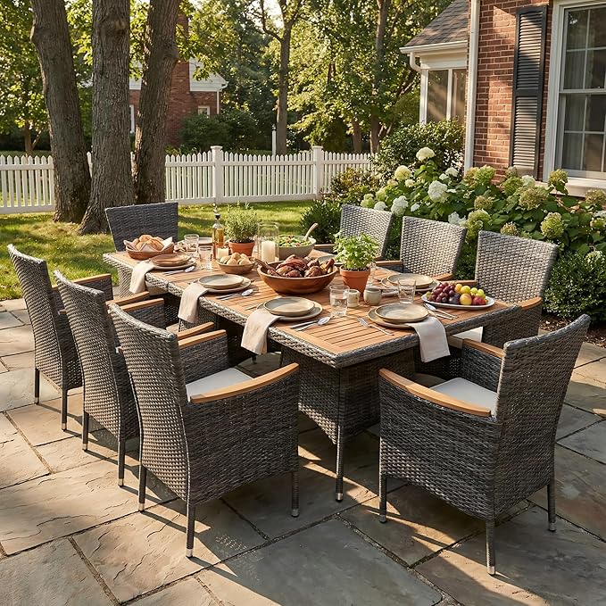 Wisteria Lane 10-Pieces Outdoor Patio Table and Chairs, Rattan Patio Table Set with Acacia Wood Tabletop, Patio Dining Furniture Set for 8 with Removable Cushions for Deck Garden Backyard, Grey