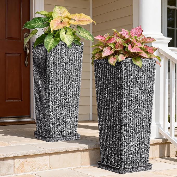 Tapered Tall Planters for Outdoor Plants 2 Pack- 23.6 Inch Heavy-Duty Classic Square Indoor Flower Pots with Drainage Holes/Partition/Tray, Large Outdoor Planters for Porch Patio, Gray
