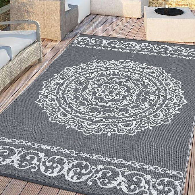 GAOMON Outdoor Patio Rug 8x10 Reversible Camping Mat, Stain-Resistant Plastic Straw Rug, Easy to Clean, Indoor Outdoor Carpet for Porch, Deck, Balcony, Beach, Garden, Grey/White(Medallion)