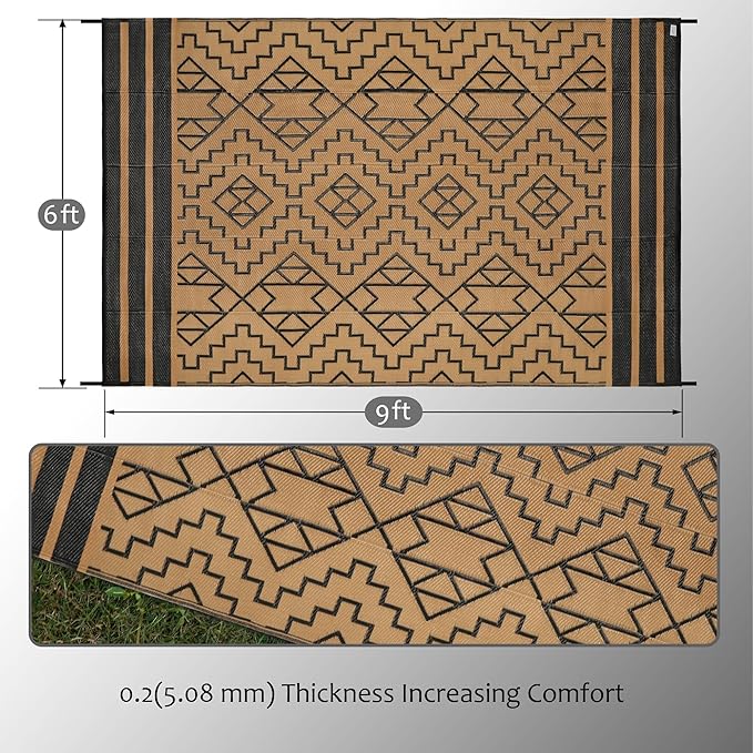 SAND MINE Reversible Mats, Plastic Straw Rug, Modern Area Rug, Large Floor Mat and Rug for Outdoors, RV, Patio, Backyard, Deck, Picnic, Beach, Trailer, Camping (6' x 9', Black & Brown)