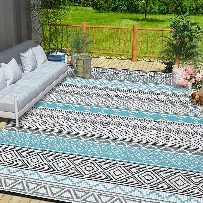 GarveeLife Outdoor Patio Rug 9x18 Waterproof Plastic Straw Rug, Reversible UV Resistant Foldable Camping Carpet Portable Outdoor Rug for Rv, Backyard, Blue & Grey
