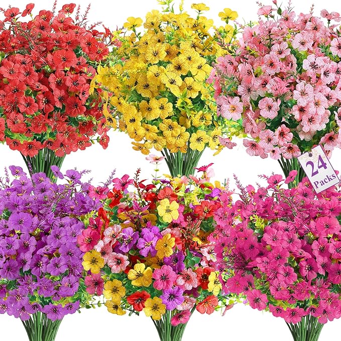 SHareconn 24 Bundles Artificial Flowers for Outdoors Decoration, Faux Plants Fake Silk Colorful Daisy Eucalyptus Lavender, UV Resistant for Outside Home Porch Patio Indoor Spring Decor, Mix 5 Colors