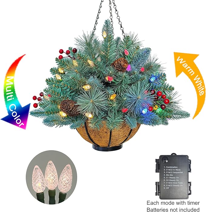 18 Inches Pre-lit Blue Spruce Artificial Christmas Hanging Basket with Red Berries, Pine Cones,40 C3 Dual-Color Multi-Functional Battery Operated LED Lights with Timer
