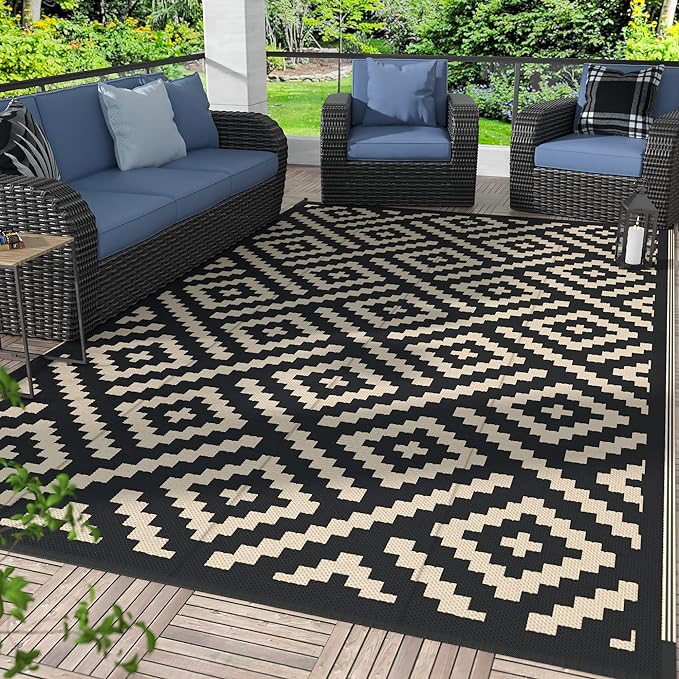 GENIMO 5x8 Outdoor Rug Waterproof, Reversible Mats, Area Rug, Plastic Outside Carpet, Geometric Rv Mat for Patio Camping Rv Picnic Backyard Deck Balcony Porch Beach Trailer (Black & Beige)