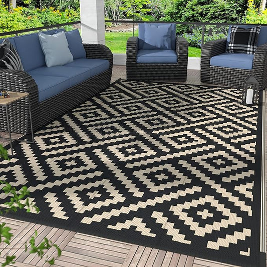 GENIMO 5x8 Outdoor Rug Waterproof, Reversible Mats, Area Rug, Plastic Outside Carpet, Geometric Rv Mat for Patio Camping Rv Picnic Backyard Deck Balcony Porch Beach Trailer (Black & Beige)