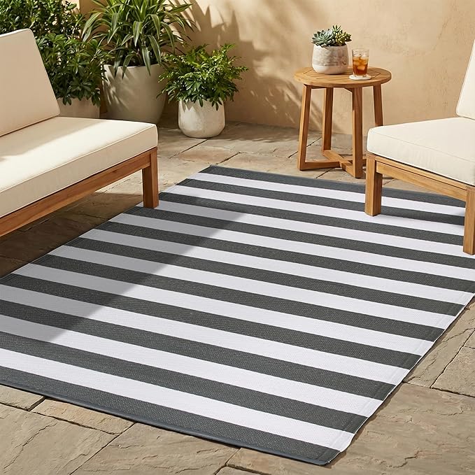 FH Home Outdoor Rug - Waterproof, Fade Resistant, Crease-Free - Premium Recycled Plastic - Geometric - Patio, Porch, Deck, Balcony - Brittany Stripe - Gray & White - 5 x 8 ft