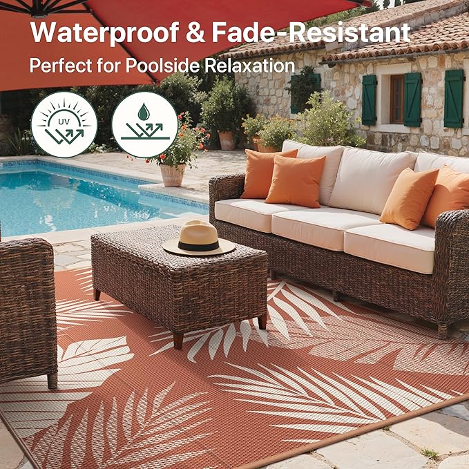 GENIMO Outdoor Rug 9' x 12' Waterproof for Patios Clearance, Reversible Plastic Straw Camping Carpet, Large Area Rugs Mats for RV, Picnic, Backyard, Deck, Balcony, Porch, Beach, Brick&Red