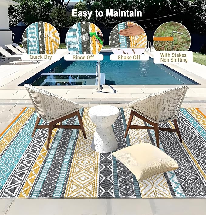 GarveeLife Extra Large Waterproof Outdoor Rug 10x20 UV Resistant Reversible Plastic Straw Rug Modern Geometric Outdoor Patio Rugs for Balcony Backyard, Teal & Yellow