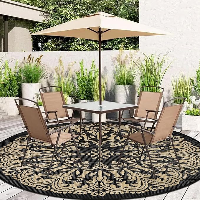 Homcomoda 8Ft Round Bohemian Mandala Outdoor Patio Area Rug, Black/Brown, Waterproof, Low Pile, Machine Made
