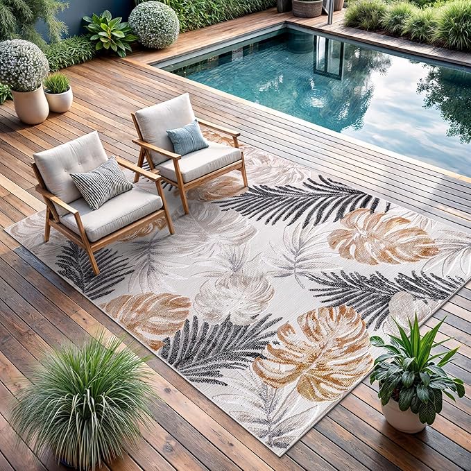 CAMILSON Indoor Outdoor Rug, Yellow 6’x9’ Leaf Tropical Botanical Area Rugs for Indoor and Outdoor patios, Easy-Cleaning Non-Shedding Living Room, Garden and Kitchen Washable Outside Carpet (6x9)