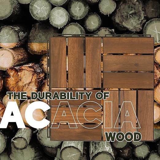 Acacia Wood Flooring Interlocking Deck Tiles for Patio Decor 27 Pcs 12 Slats VR Dark Yellow - Waterproof Indoor & Outdoor Decor - Balcony Garden Decking Tile (12.2 * 12.2 * 0.7 inches)