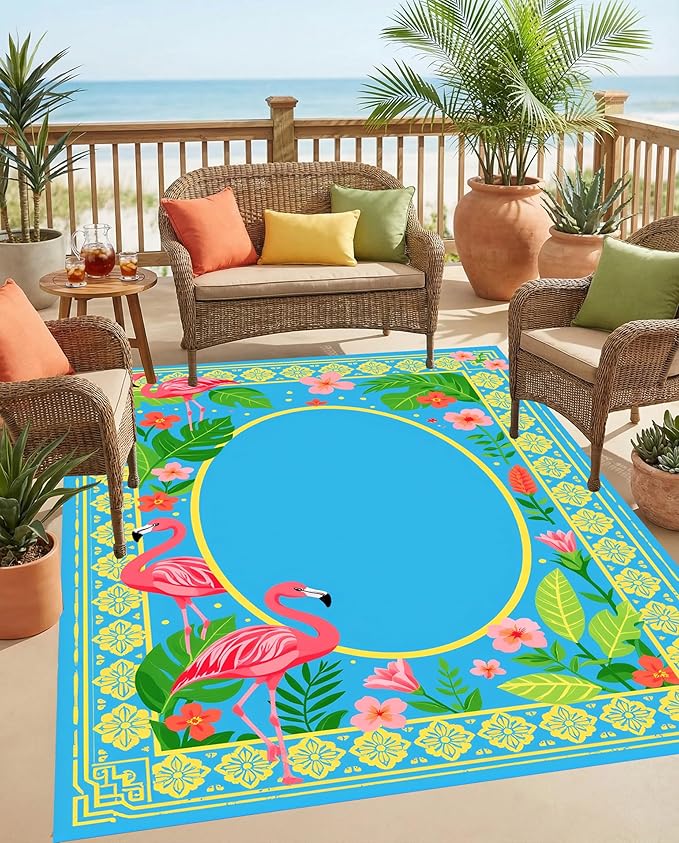 Tropical Floral Flamingo Border Pattern Outdoor Rug for Patio Porch Balcony Deck Garden Washable Waterproof Green Blue Gold Pink 10x12 Outside Carpet Soft Non-Slip Durable RV Camping Pool Mat