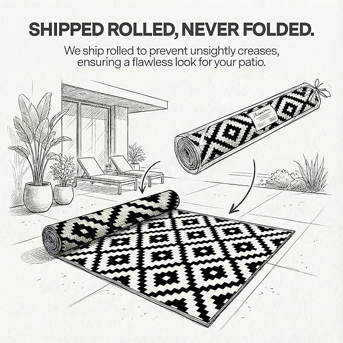 FH Home Outdoor Rug - Waterproof, Fade Resistant, Reversible - Premium Recycled Plastic - Geometric - Patio, Porch, Deck, Balcony - Aztec - Black & White Crease Free - 5 x 8 ft