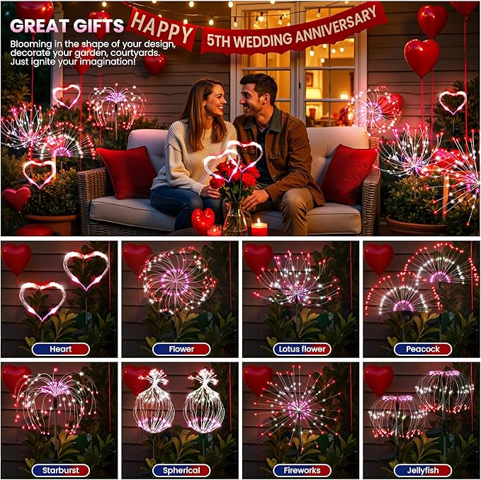 6 Pack Valentine's Day Solar Lights Outdoor, Solar Garden Lights Outside Fairy Firework Decorative,Solar Powered for Wedding,Yard Pathway Party Balcony Patio Decor (Red, White, Pink)