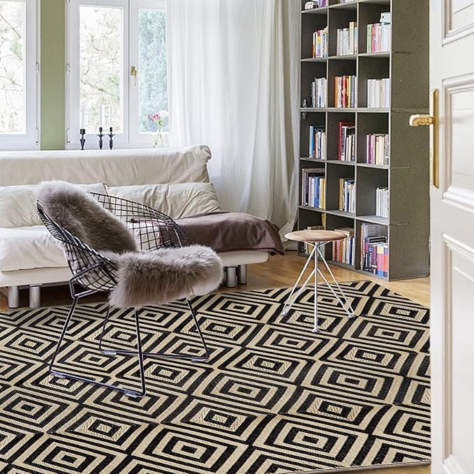 Reversible Mats, Outdoor Patio Rugs, Plastic Straw Rug, Modern Area Rug, Floor Mat for Outdoors, RV, Patio, Backyard, Deck, Picnic, Beach, Trailer, Camping (Diamond Black & Beige, 5' x 8')