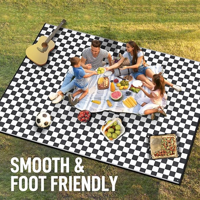 GOTGELIF Black and White Classic Checkerboard Outdoor Area Rug 9x12FT, Reversible & Water-Resistance & Portable Plastic Straw Rug for RV Trips, Picnic, Camping, Outdoor, Garden, Patio