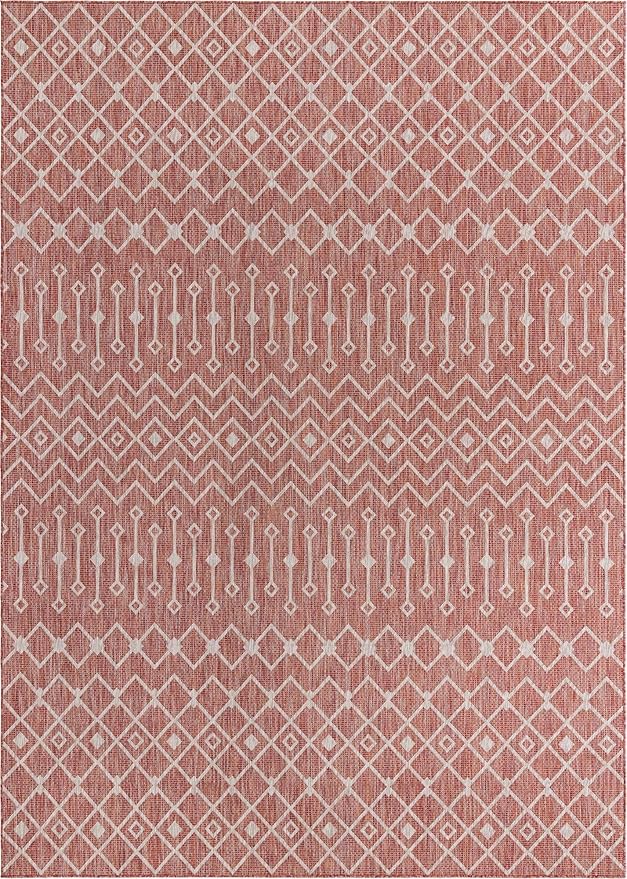 Unique Loom Outdoor Trellis Collection Area Rug - Tribal Trellis (10' x 14' 1" Rectangle, Rust Red/ Ivory)