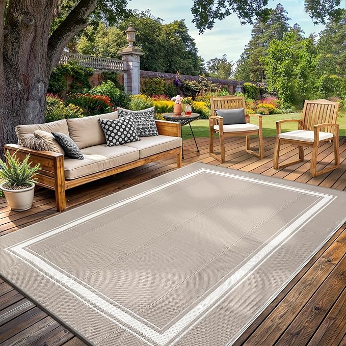 Waterproof Outdoor Rug 10x20 Reversible Plastic Straw Rug Carpet Modern Bordered Outdoor Camping Mat Outside Large Floor Mat for RV Picnic Backyard Porch Beach Balcony Grey/Coffee