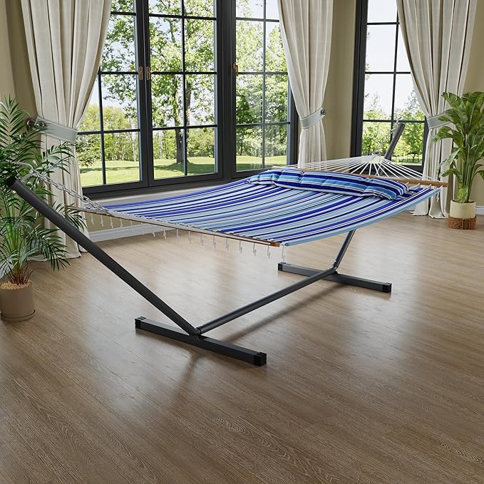 GarveeLife 57" 2 Person Outdoor Hammock, Widening Design Cotton Hammock with Metal Stand, Heavy Duty Construction, 450 LBS Weight Capacity, Blue