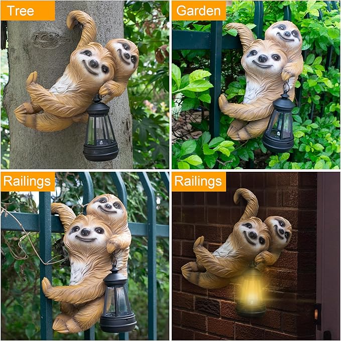 Adorable Sloth Hanging Garden Statue Outdoor Decorative Sculpture, Solar Light Outdoor Waterproof, Garden Decorations Home Patio Yard Outdoor, Relaxed Sloth Gifts for Mom