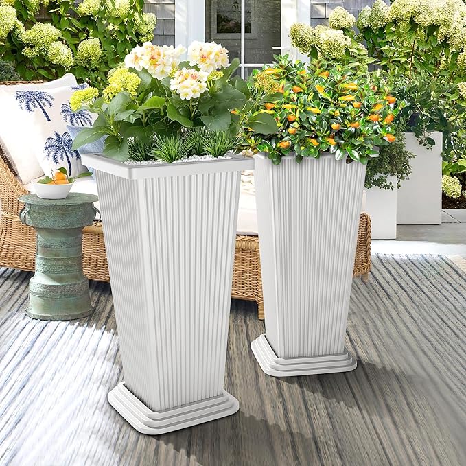 Set of 4 24" Tall Plastic Planters with Trays, Large Tapered Plant Pots for Indoor Outdoor Use, Modern Decorative Planters for Porch, Patio, Garden, and Backyard
