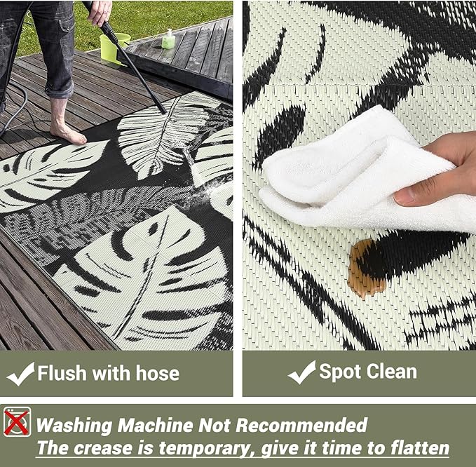 Outdoor Rug 8x10 Waterproof Patio Rugs Modern Leaf Print Reversible Mat for Front Door Rv Foldable Plastic Straw Carpet for Travel Trailers, Deck, Picnic, Camper, Balcony, Beach，Black/Beige