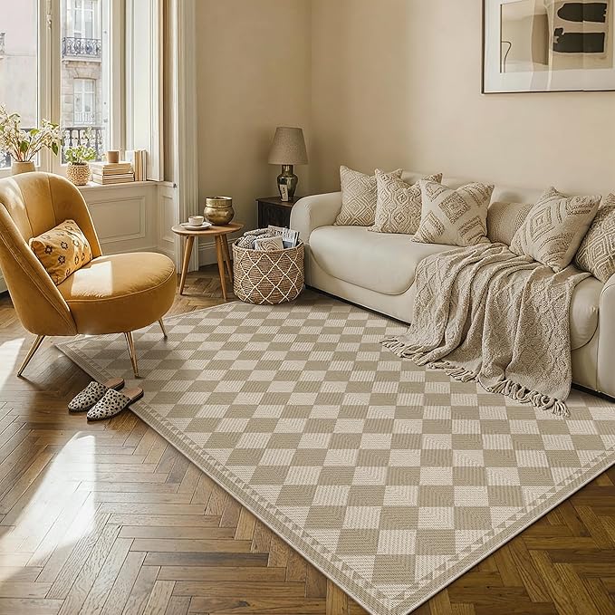 HUGEAR 3x5 Outdoor Rug Brown/Beige Linen-Look Fabric Checkered Area Rug High Traffic Stain Resistant Easy Clean Durable Rugs for Indoor/Outdoor Patio Deck Balcony Porch Garden Courtyard