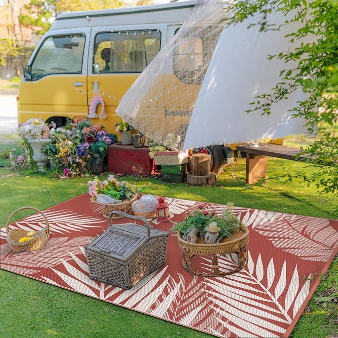 GENIMO Outdoor Rug 5' x 8' Waterproof for Patios Clearance, Reversible Plastic Straw Camping Carpet, Large Area Rugs Mats for RV, Picnic, Backyard, Deck, Balcony, Porch, Beach, Brick&Red