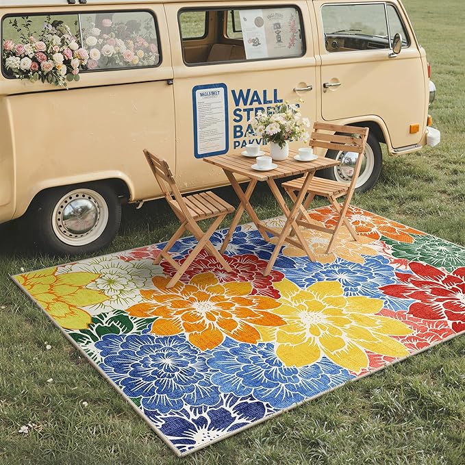 GENIMO Indoor Outdoor Area Rug 4'x6', Machine Washable Rugs for Patio, Waterproof, Non-Slip Easy Cleaning Floral Outdoor Mat Carpet for Living Room, Bedroom, RV, Balcony, Deck, Camping, Colorful