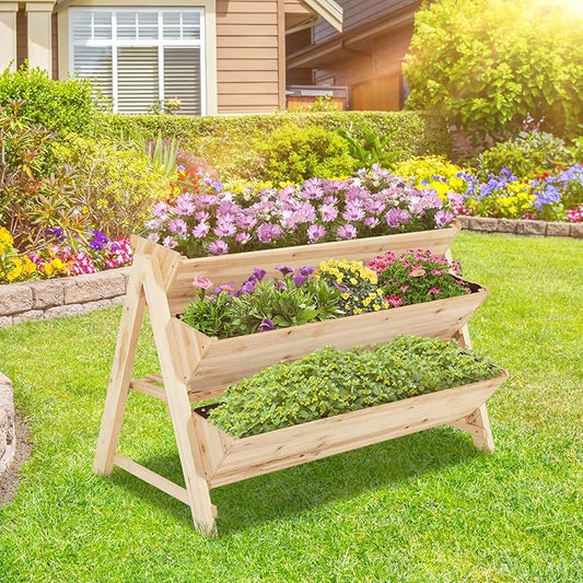 S AFSTAR 3-Tier Vertical Garden Bed, Wooden Elevated Planter Bed with Legs, Storage Shelf, 2 Hooks, Raised Bed Kit for Flower Vegetable Herb, Outdoor Plant Box Stand for Yard Garden & Balcony